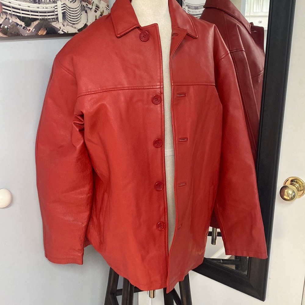 VNTG RED FULL GRAIN LEATHER W/ZIP OUT LINING DEEP POCKETS SEXY JACKET MADE IN US